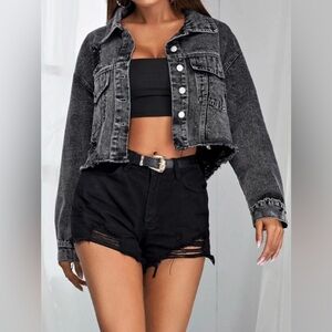 Collared Neck Dropped Shoulder Button-Down Denim Jacket